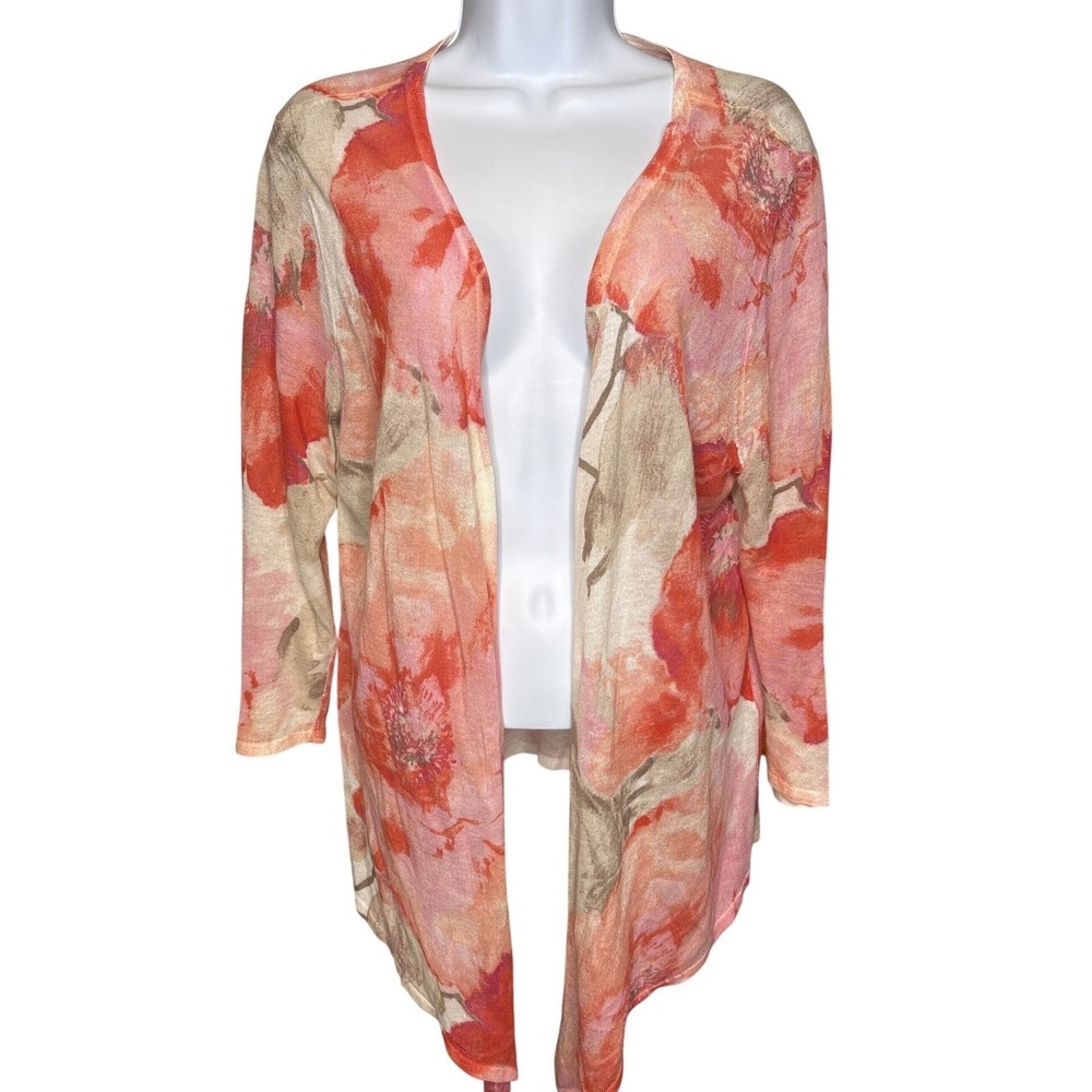 Chico's Floral Open-Front Cardigan in Coral, Pink & Cream